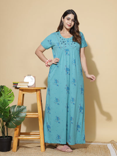 Cotton Blend Designer Maxi Splash Blue Nighty