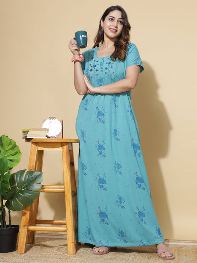 Cotton Blend Designer Maxi Splash Blue Nighty
