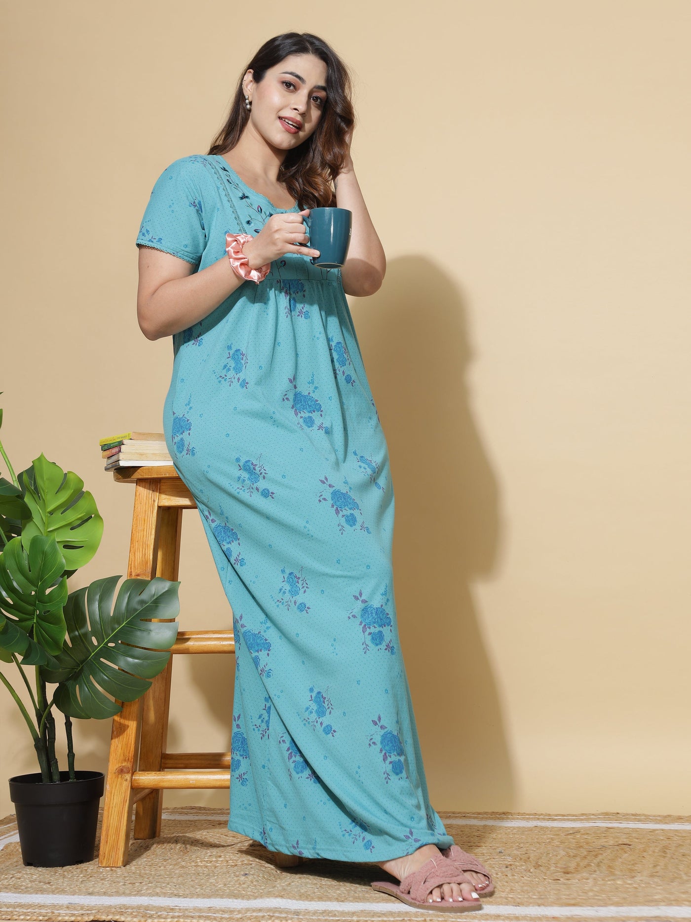 Cotton Blend Designer Maxi Splash Blue Nighty