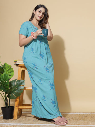 Cotton Blend Designer Maxi Splash Blue Nighty