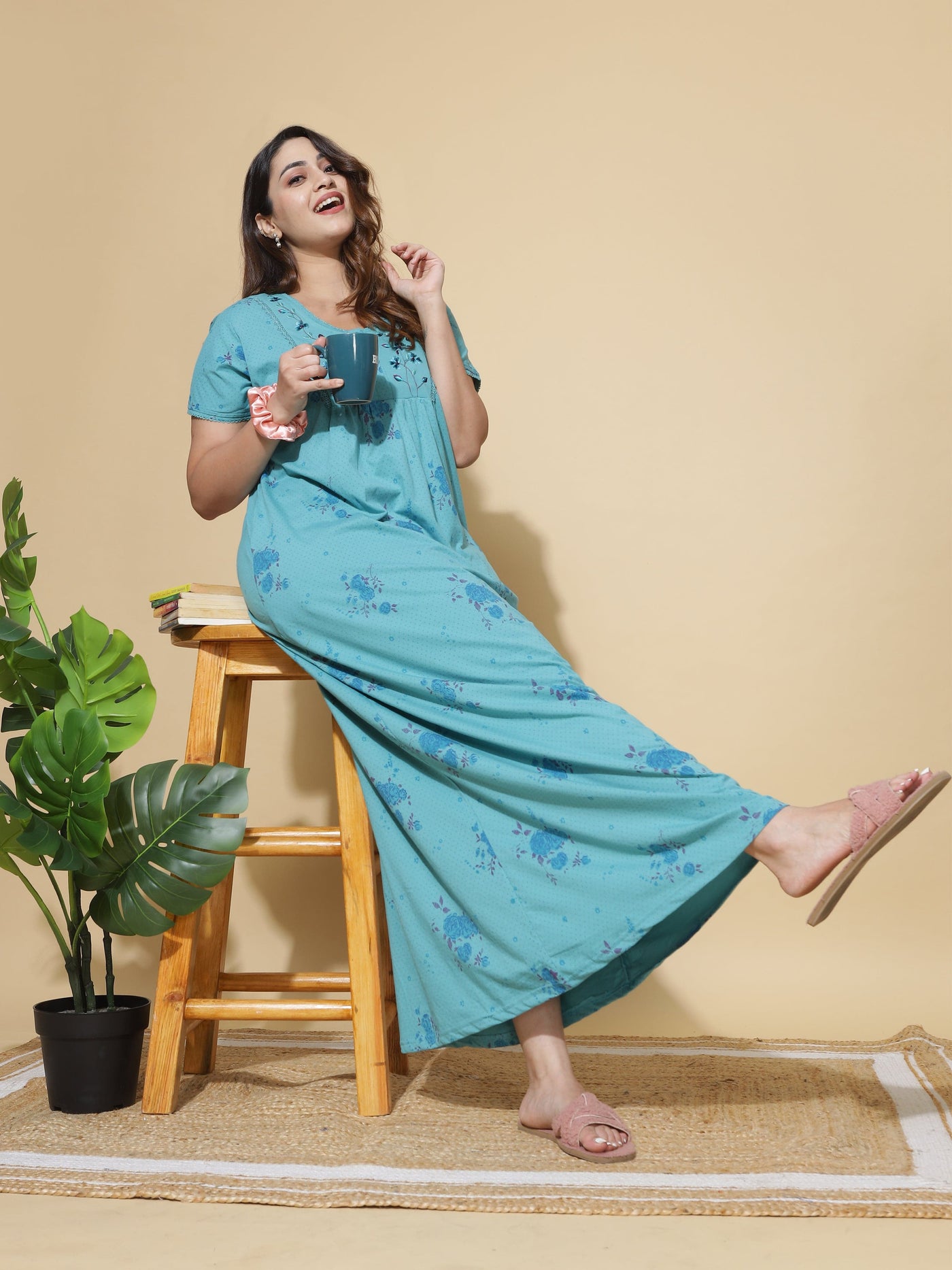 Cotton Blend Designer Maxi Splash Blue Nighty