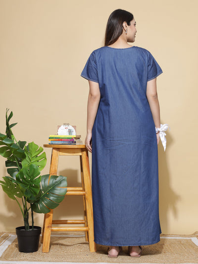 Denim Designer Nighty Leaf Embroidery Dark Blue