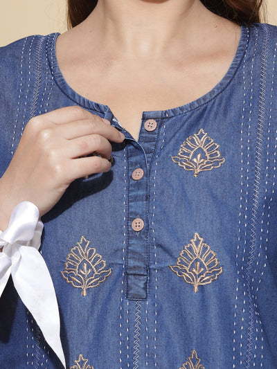 Denim Designer Nighty Leaf Embroidery Dark Blue