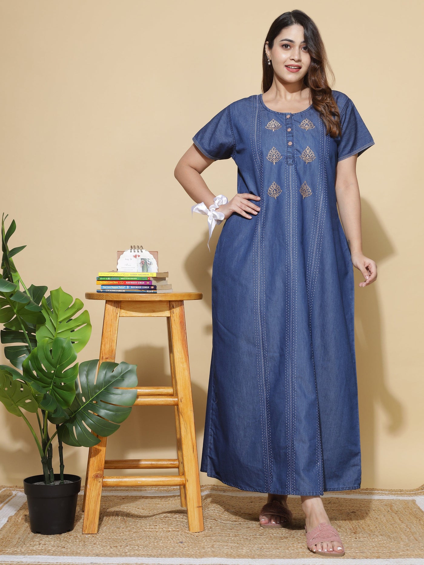 Denim Designer Nighty Leaf Embroidery Dark Blue