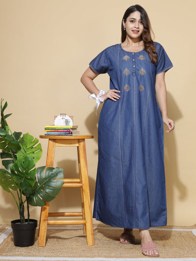 Denim Designer Nighty Leaf Embroidery Dark Blue