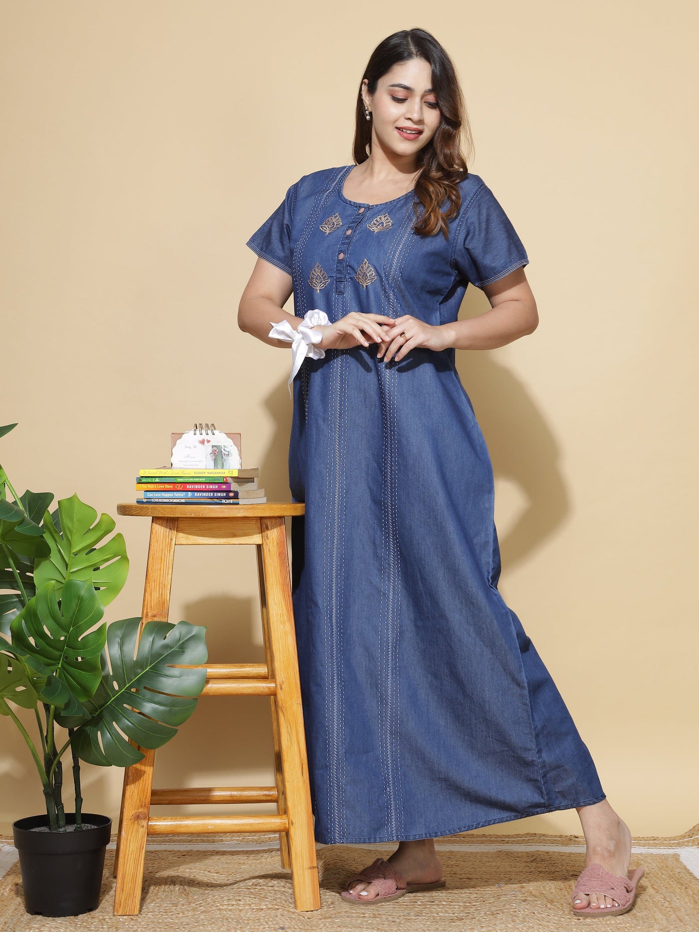 Denim Designer Nighty Leaf Embroidery Dark Blue