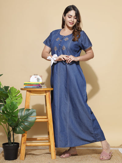 Denim Designer Nighty Leaf Embroidery Dark Blue