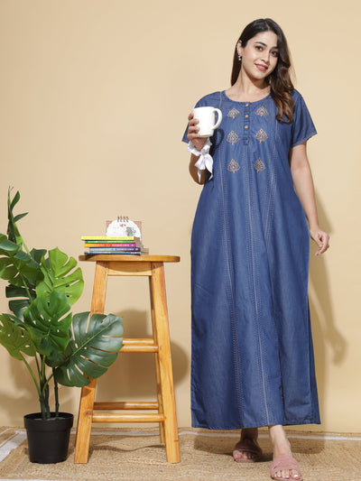 Denim Designer Nighty Leaf Embroidery Dark Blue