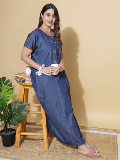 Denim Designer Nighty Leaf Embroidery Dark Blue