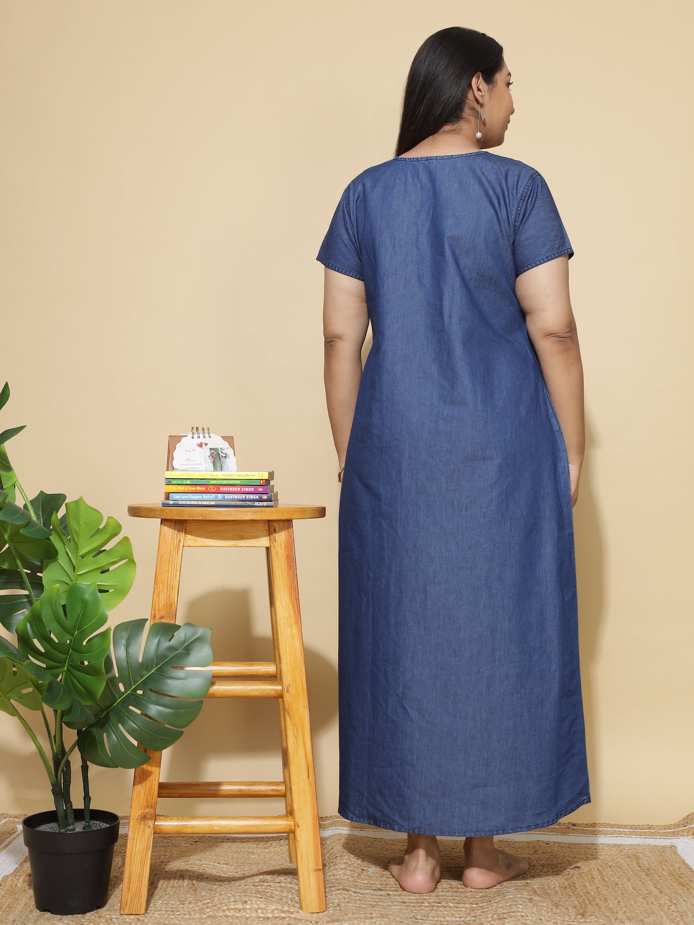 Denim Designer Nighty Leaf & Coin Embroidery Dark Blue