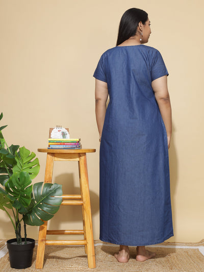 Denim Designer Nighty Leaf & Coin Embroidery Dark Blue