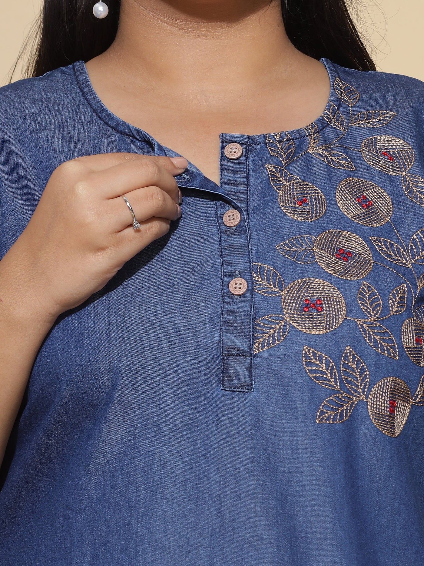 Denim Designer Nighty Leaf & Coin Embroidery Dark Blue