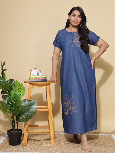 Denim Designer Nighty Leaf & Coin Embroidery Dark Blue