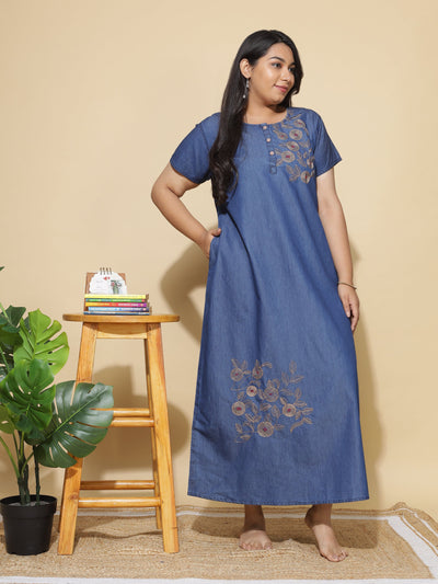 Denim Designer Nighty Leaf & Coin Embroidery Dark Blue