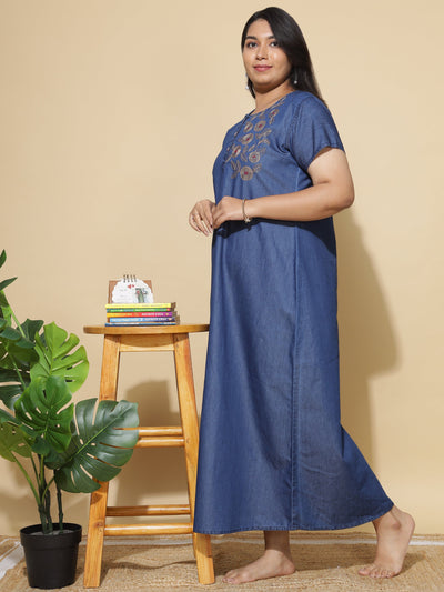 Denim Designer Nighty Leaf & Coin Embroidery Dark Blue