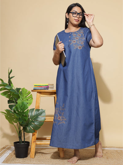 Denim Designer Nighty Leaf & Coin Embroidery Dark Blue