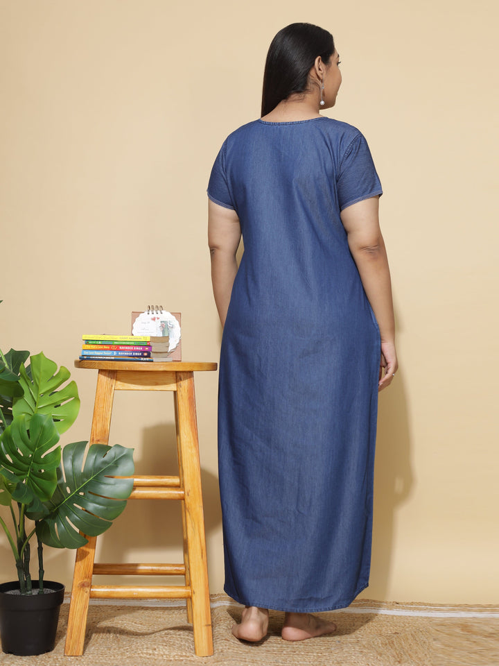 Stylish Dark Blue Denim Nighty Dress For Women
