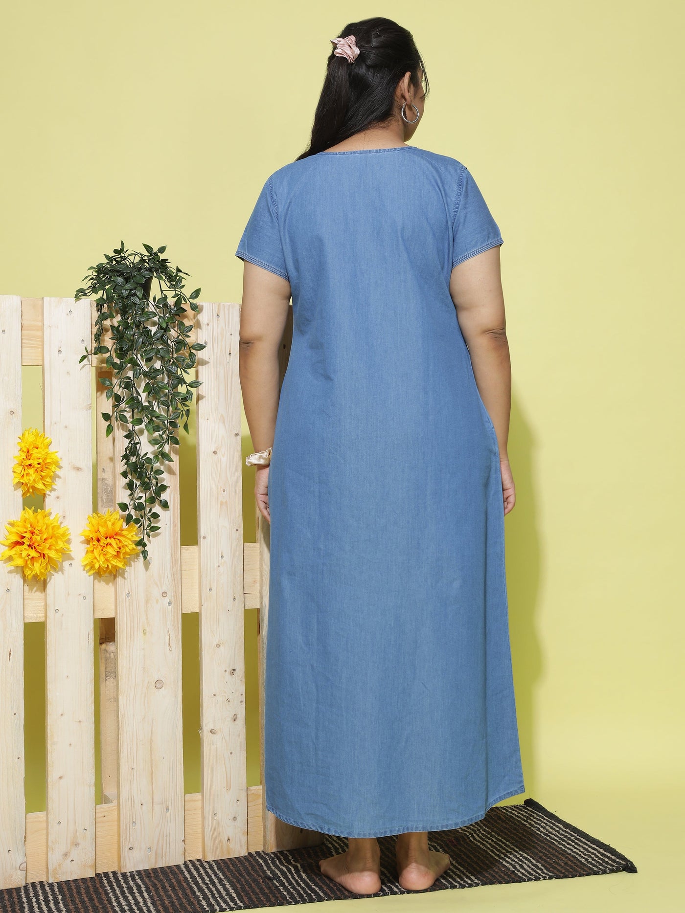 Denim Designer Nighty Checks Puff Sky Blue