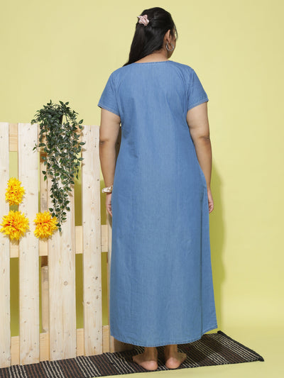 Denim Designer Nighty Checks Puff Sky Blue