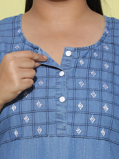 Denim Designer Nighty Checks Puff Sky Blue