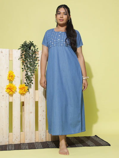 Denim Designer Nighty Checks Puff Sky Blue