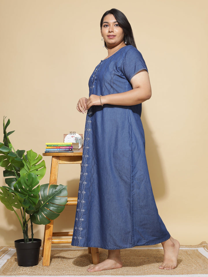 Stylish Dark Blue Denim Nighty Dress For Women