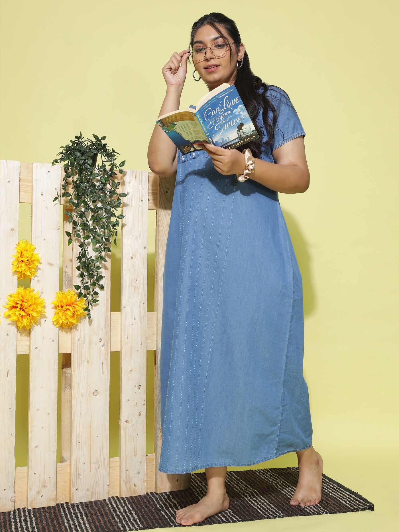 Denim Designer Nighty Checks Puff Sky Blue