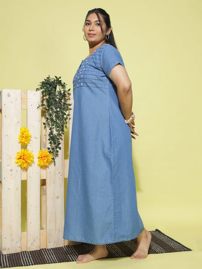 Denim Designer Nighty Checks Puff Sky Blue