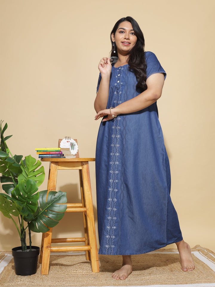 Stylish Dark Blue Denim Nighty Dress For Women