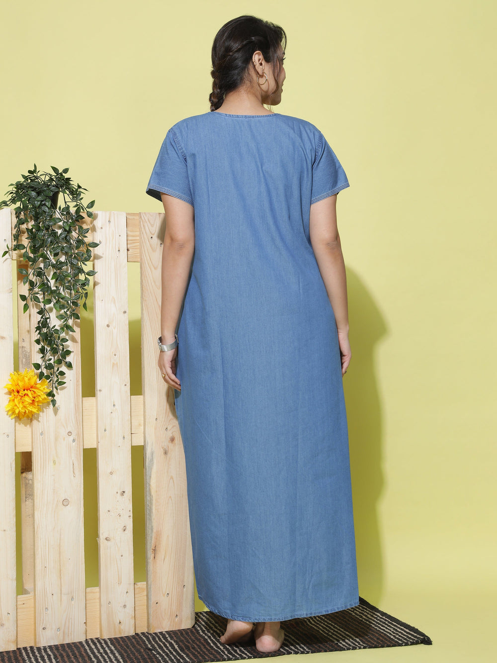 Sky Blue Denim Nighty For Women With Embroidery