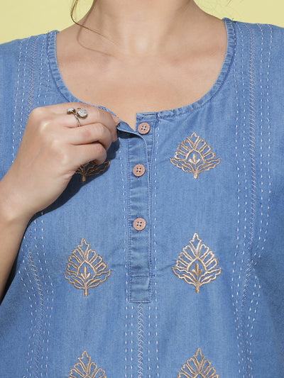 Denim Designer Nighty Leaf Embroidery Sky Blue