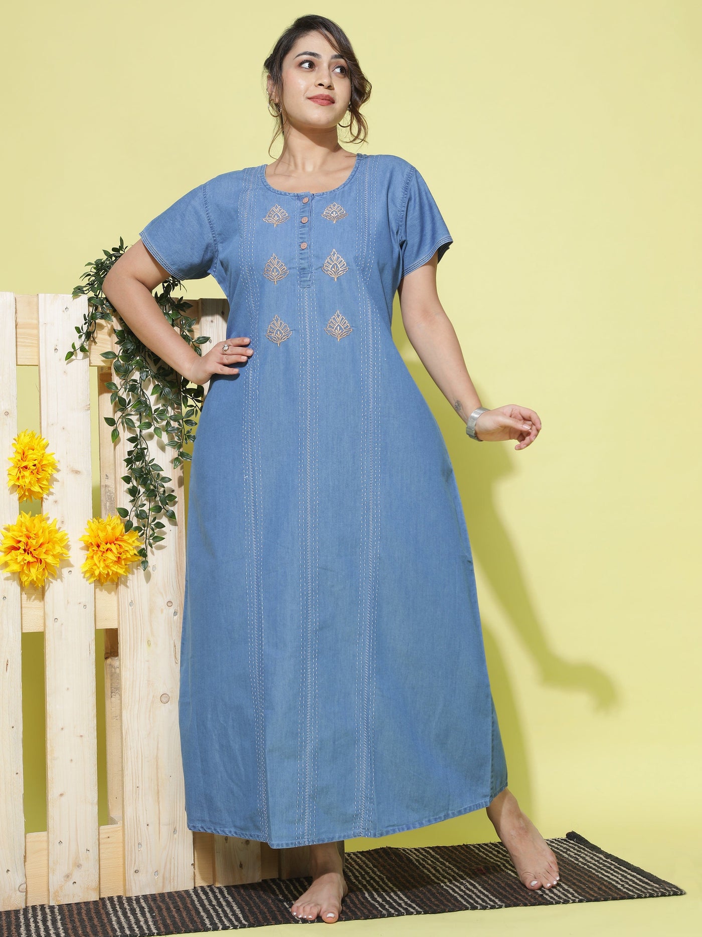 Denim Designer Nighty Leaf Embroidery Sky Blue