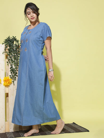Denim Designer Nighty Leaf Embroidery Sky Blue