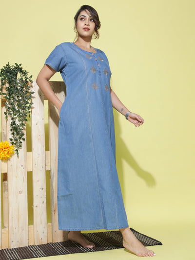 Denim Designer Nighty Leaf Embroidery Sky Blue