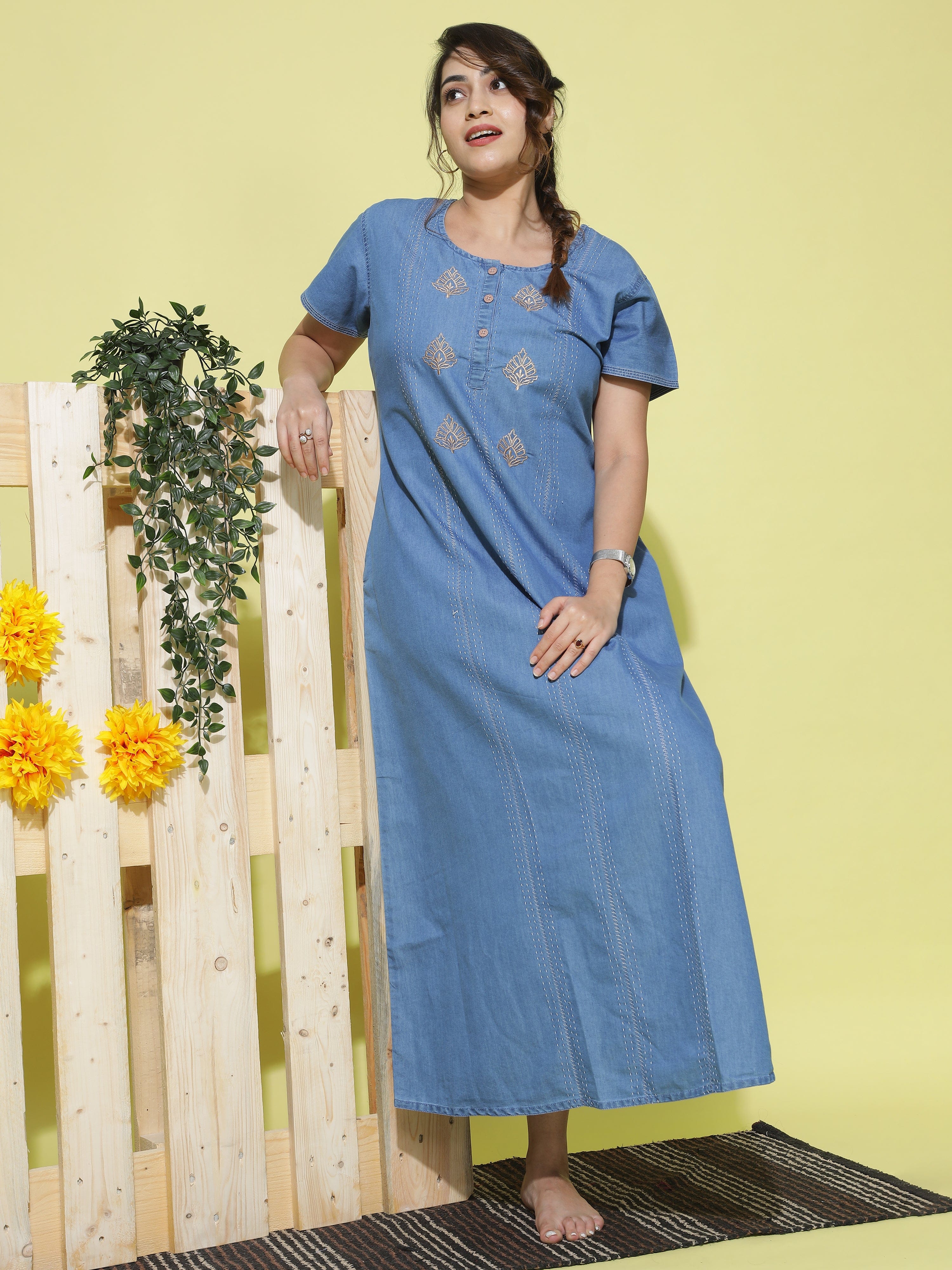 Shop Sky Blue Denim Nighty For Women With Embroidery Online