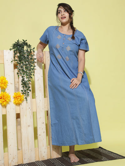 Denim Designer Nighty Leaf Embroidery Sky Blue