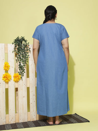 Denim Designer Nighty Leaf & Coin Embroidery Sky Blue