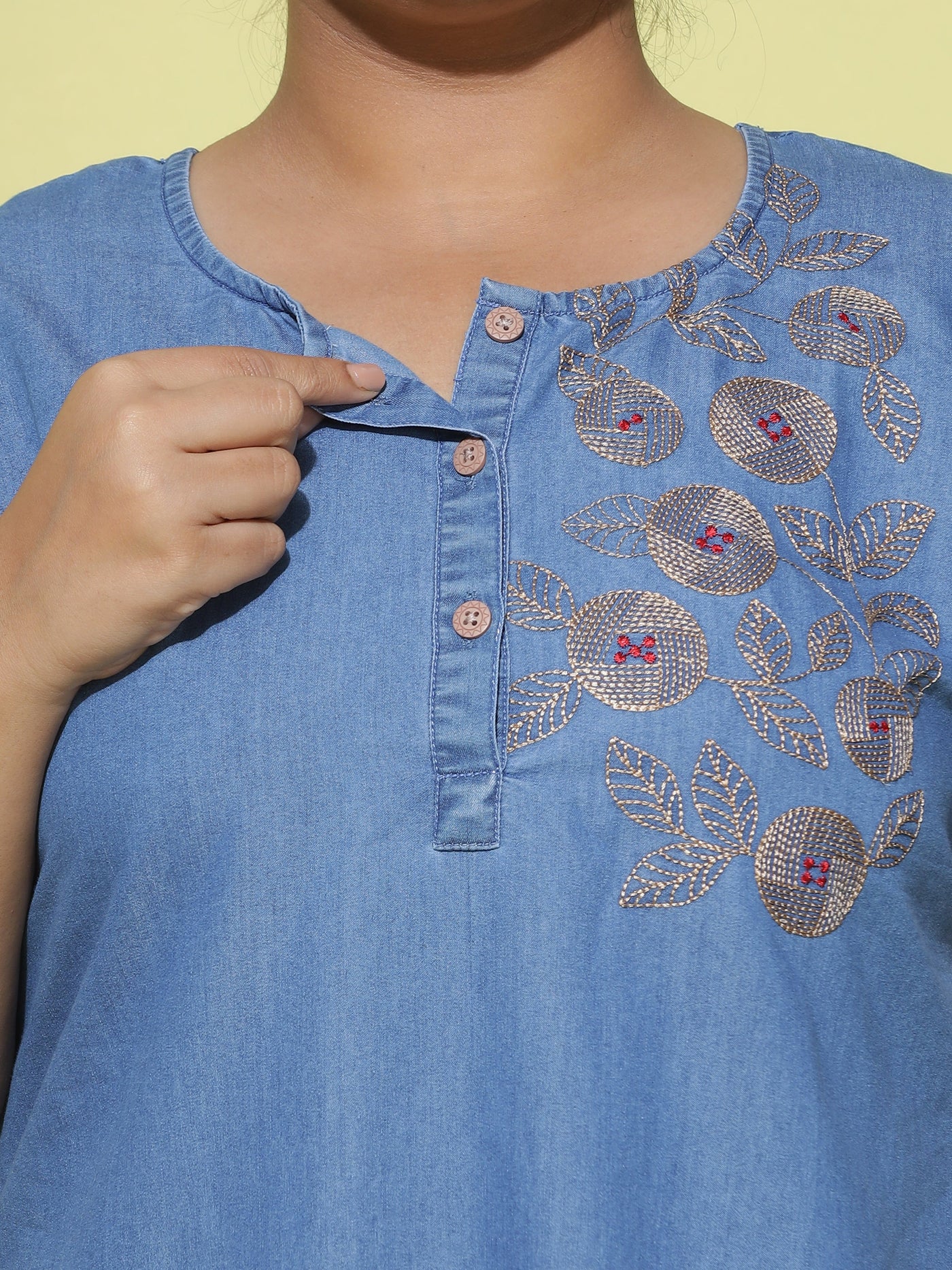 Denim Designer Nighty Leaf & Coin Embroidery Sky Blue