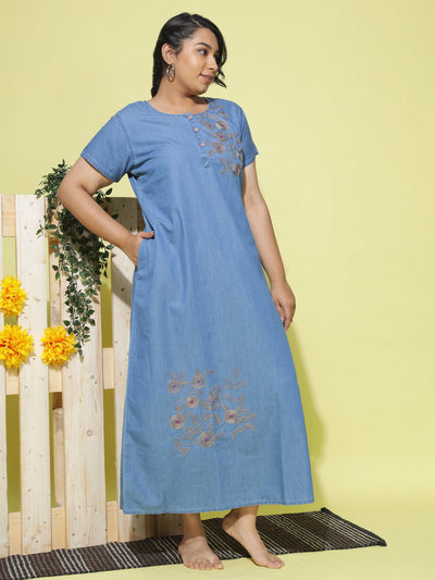 Denim Designer Nighty Leaf & Coin Embroidery Sky Blue