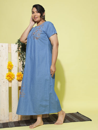 Denim Designer Nighty Leaf & Coin Embroidery Sky Blue