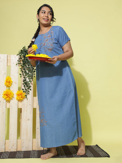 Denim Designer Nighty Leaf & Coin Embroidery Sky Blue