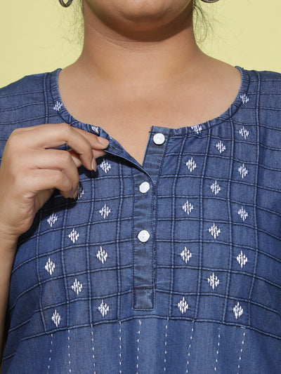 Denim Designer Nighty Checks Puff Dark Blue