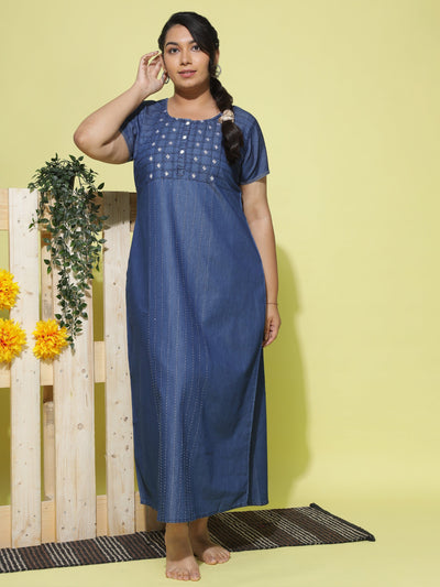 Denim Designer Nighty Checks Puff Dark Blue