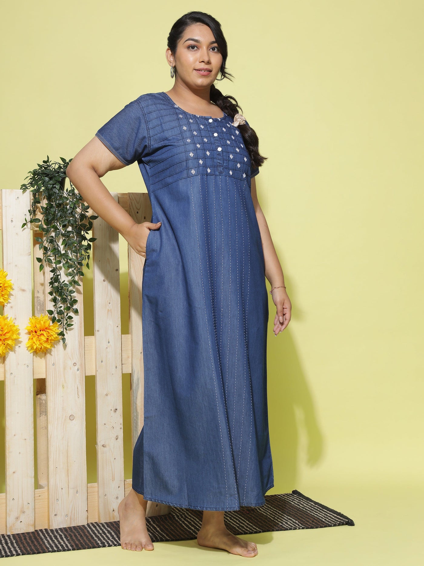 Denim Designer Nighty Checks Puff Dark Blue