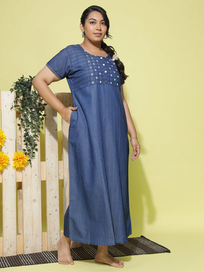 Denim Designer Nighty Checks Puff Dark Blue