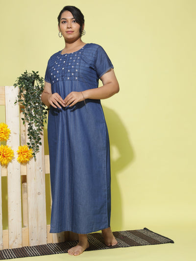 Denim Designer Nighty Checks Puff Dark Blue