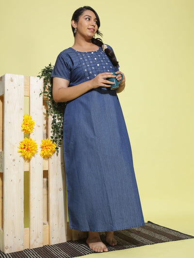 Denim Designer Nighty Checks Puff Dark Blue
