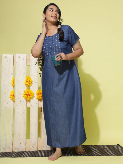 Denim Designer Nighty Checks Puff Dark Blue