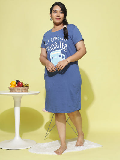Hosiery Cotton Short Nighty Plus Size French Blue