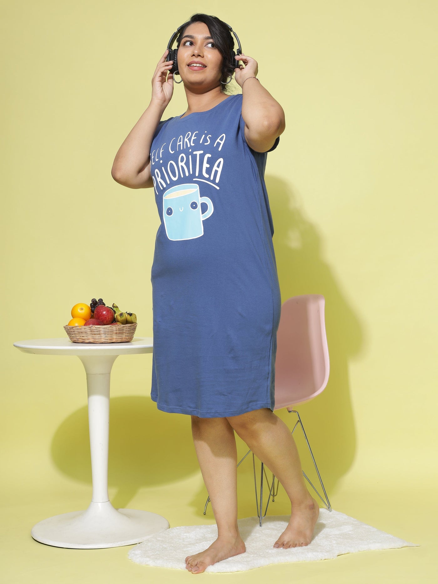 Hosiery Cotton Short Nighty Plus Size French Blue
